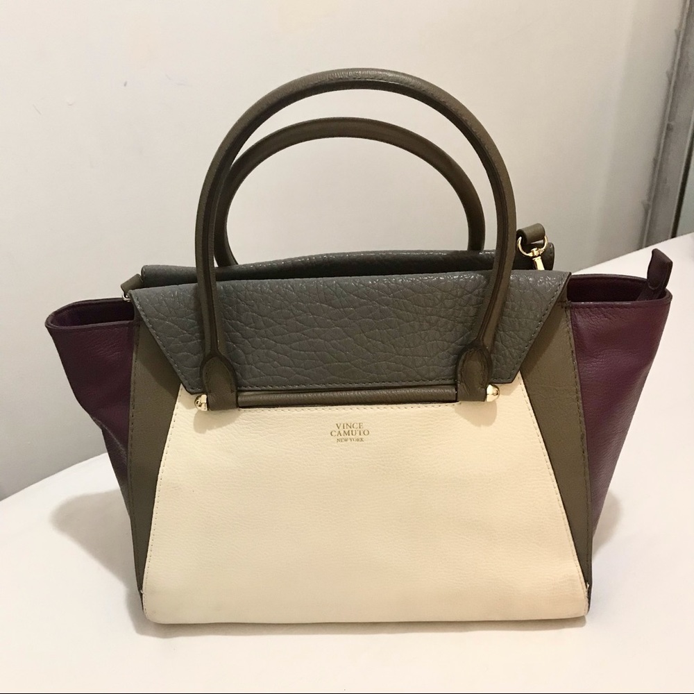 Like New Vince Camuto Addy Genuine Leather Bag, Cream, Burgundy Olive Green Gray